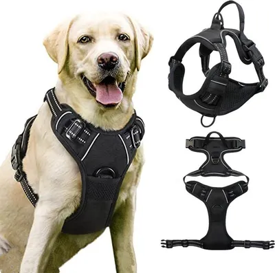 Produktbild von Hundegeschirr, Anti-Zug-Haustiergeschirr mit 2 Leinenclips, verstellbare, weich gepolsterte Hundeweste, reflektierende Anti-Würge-Haustier-Oxford-Weste mit einfachem Kontrollgriff für große Hunde, Schwarz, M