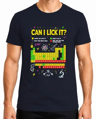 Imagen del producto de Camiseta para hombre, color azul marino, con el texto "Can I Lick It Science Chemistry Periodic Statement" (¿Puedo lamerlo? Ciencia, química, tabla periódica). Talla S