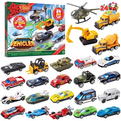 Imagen del producto de Calendario de Adviento 2023 para niños, con coches de metal a escala - Vehículos - Construcciones - Camiones de juguete de aleación