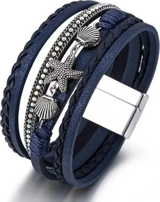 Produktbild von Lederarmband mit Muscheln und Seesternen, blau