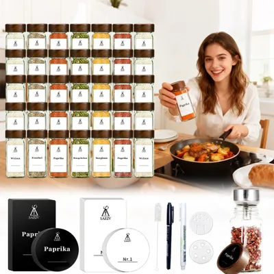 Produktbild von Gewürzgläser Set - 35 Stück 120 ml Vorratsgläser - Quadratisch - Luftdicht - Borosilikatglas mit Akazienholzdeckel - Wasserdichte Etiketten - Küchenaufbewahrung
