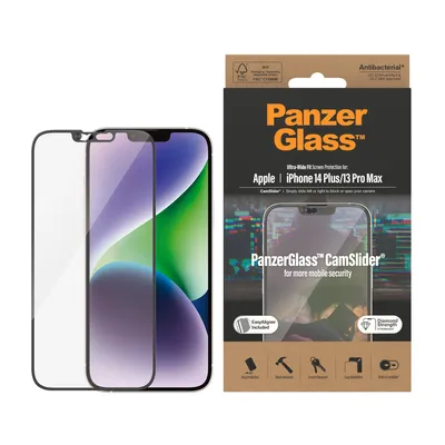 Immagine prodotto di Vetro temperato antibatterico Panzerglass Ultra-Wide Fit con tappo per fotocamera e posizionatore per Iphone 14 Plus / 13 Pro Max