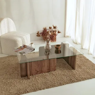 Image de Table de salon Skye Decor en bois et verre, couleur noyer - Table basse moderne, table d'appoint & table de salon avec plateau en verre - 100% verre trempé