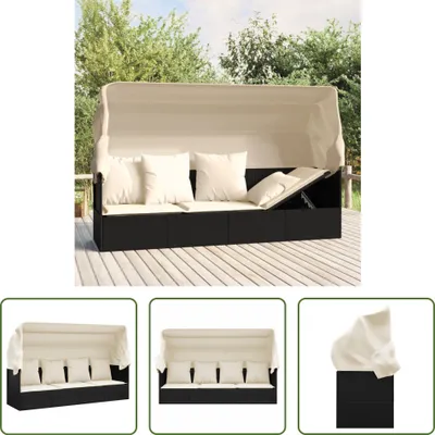 Produktbild von The Living Store Outdoor-Loungebett mit Dach und Kissen Schwarz Poly Rattan