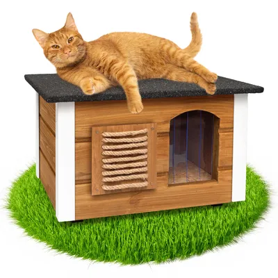 Produktbild von Isoliertes Katzenhaus für Draußen aus Holz – Wetterfest Katzenhütte mit Wärmedämmung, Wasserdichtem Dach & Thermovorhang – Einfache Montage - Eiche