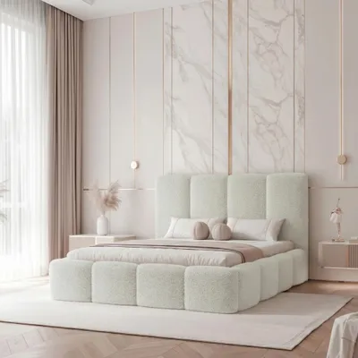 Produktbild von Polsterbett LANDARE 180x200 Creme Boucle Teddy-Stoff mit Bettkasten & Lattenrost
