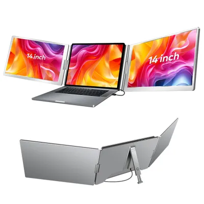 Zdjęcie produktu dla 14-calowy przedłużacz ekranu laptopa, 1080P FHD, przenośny potrójny monitor do laptopów 13-17,3 cala, składany przedłużacz monitora ze stojakiem, futerał do przenoszenia