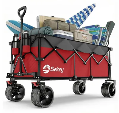 Obrázok produktu pre Sekey XXXL skladací vozík 300 l, nosnosť 200 kg, predĺžený skladací vozík s extra šírkou 17 x 10 cm, terénne kolesá, ručný vozík, patentovaný 4-smerový vozík s okamžitou montážou, červený s sivou farbou
