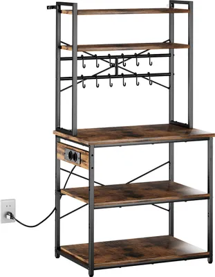 Obrázok produktu pre Kuchynská polica SucceBuy s X-tvarovou opornou tyčou, 12 S-háčikmi a integrovanou zásuvkovou lištou (800 x 400 x 1618 mm), ideálna ako polica na mikrovlnnú rúru na riad a kovové fľaše na korenie.