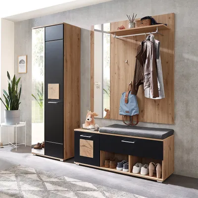 Produktbild von Garderoben-Set mit Garderobenschrank, Garderobenbank und Sitzpolster 4-teilig in Eiche mit schwarz supermatt, FARGO-36