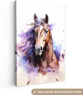 Produktbild von MuchoWow® - Leinwandbilder - Pferd - Tiere - Mädchen - Lila - Braun, Wandbild, Wanddeko Bilder Wohnzimmer, 80x120cm