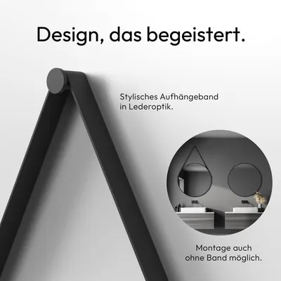 Produktbild von Wandspiegel rund Talos Black Style Matt Ø 80 cm - Badspiegel mit Aufhängegurt in Lederoptik - hochwertiger umlaufender Aluminiumrahmen in schwarz - Badezimmerspiegel