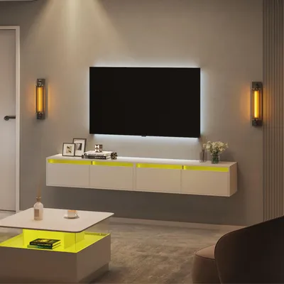 Produktbild von Radelldar Lowboard mit LED-Beleuchtung, TV-Schrank, hängend, Modernes grifflose TV-Board mit 4 Türen, 200 cm breit, Weiß