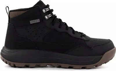 A black men's boot with a brown sole, shown from the side against a white background.