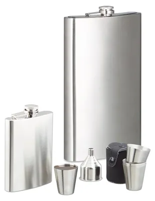 Produktbild von 8 tlg. Flachmann Set, Riesen Flachmann mit 1,8l Fassungsvolumen, Taschenflasche 200ml mit 4 Bechern u. Trichter, silber