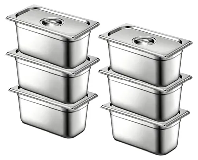 GN 1/3 Behälter, 6 Stück, Edelstahl, 32,5x17,5x15 cm, mit Deckel