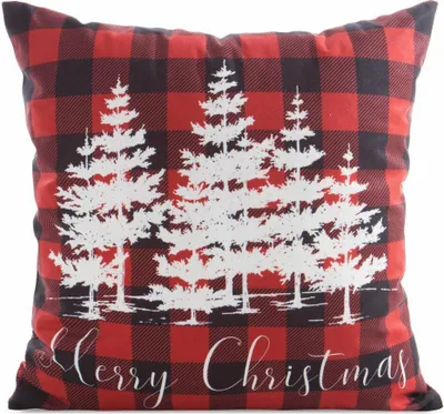 Imagen del producto de EUROFIRANY | Funda de cojín navideña - Cubierta de cojín - 45 x 45 cm - Blanco y rojo - Funda para cojín de sofá - Motivo: bosque - A cuadros
