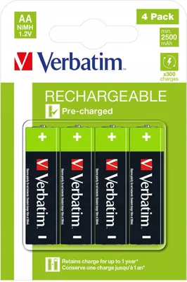 Produktbild von Verbatim 49517, Wiederaufladbarer Akku, AA, Nickel-Metallhydrid (NiMH), 1,2 V, 4 Stück(e), 2500 mAh