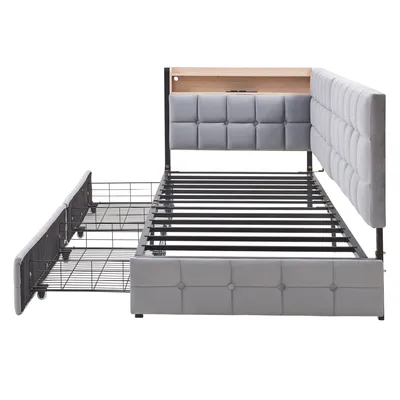 Produktbild von Flieks Tagesbett Schlafsofa 90x200cm mit Ladefunktion, Jugendbett Einzelbett mit 2 Schubladen und LED, Stauraumbett Metallbett, Samt, Hellgrau