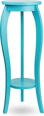 A turquoise plant stand with a round top and a lower shelf.