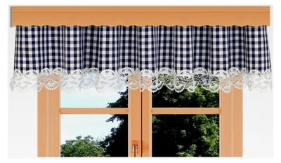 Produktbild von Querbehang Hannah mit Vogtländischer Spitze – hochwertige Landhaus-Gardine blau-weiß kariert | rustikaler Baumwollstoff blickdicht | Volant mit Reihband Höhe x Breite 30 x 100 cm