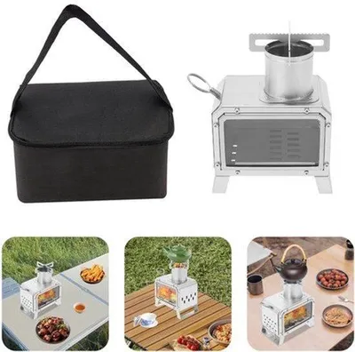 Immagine prodotto di Stufa da campeggio in acciaio inossidabile color grigio chiaro, compatta e portatile, ideale per l'uso all'aperto
