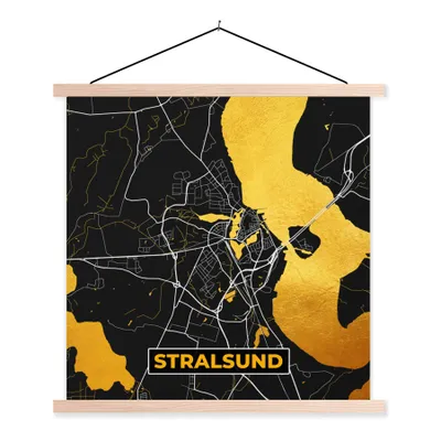 Produktbild von MuchoWow® Textilposter Deutschland - Schwarz und Gold - Stralsund - Stadtplan - Karte 60x60 cm mit holzfarbenen Rahmen - Wanddekoration