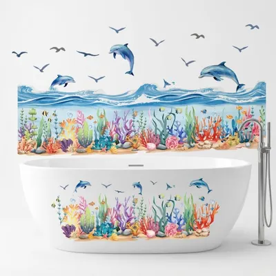 Produktbild von 2er-Set kreative Ozean-Wandsticker – Delfin & Wasserpflanzen Motiv – selbstklebend & wasserfest – ideale Bad-Dekoration