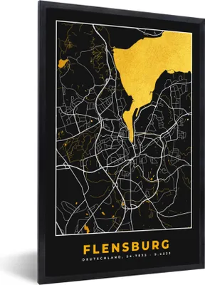 Produktbild von MuchoWow® Gerahmtes Poster Flensburg - Gold - Stadtplan - Karte - Deutschland 20x30 cm - Poster mit Schwarzem Bilderrahmen Wandposter Rahmen Foto Bilder - Drucken - Bilder Poster im Rahmen