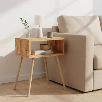 Produktbild von Nachttisch mit offenem Fach Skandinavisches Design Massivholz-Beine Beistelltisch Schlafzimmer Wohnzimmer 44x29x66,5 cm (Oak)