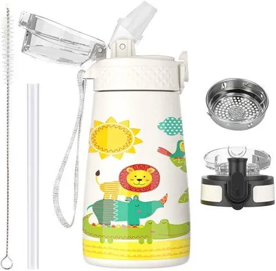 Obrázek produktu pro Nerezová láhev na vodu s tyčinkou – design se dvěma víčky pro školu a outdoor, izolované láhve pro chlapce a dívky, láhve na vodu bez BPA s regulovatelnou teplotou pro děti.