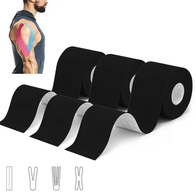 Produktbild von Kinesiologie Tape 3 Rollen (5m x 5cm) Schwarz, Wasserfest, Hautfreundlich, Muskelunterstützung