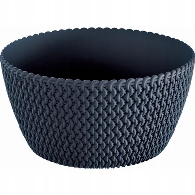 A dark gray, knitted-look plastic planter pot is shown against a white background.