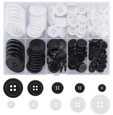 Nähknöpfe 160 Stück, 4-Loch, rund, 10–25 mm, schwarz-weiß