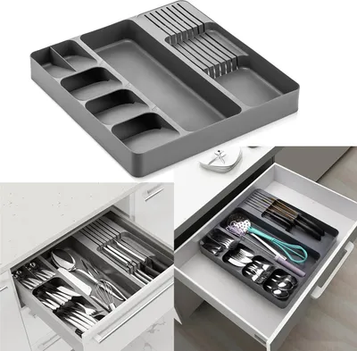 Produktbild von Multifunktions Küche Organizer Schubladen Besteckeinsatz Messerblock mit 5 Fächer Anthrazit