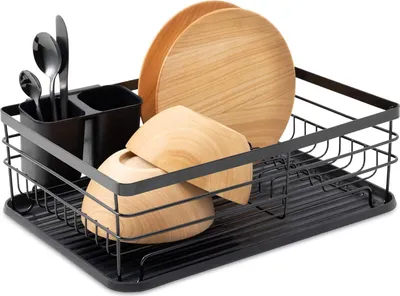 Produktbild von Küchenabtropftrockner - Teller Besteck Töpfe und Pfannen Trockenhalter - Modern Retro Design Wasserablauf mit Metallhalter - Schwarz