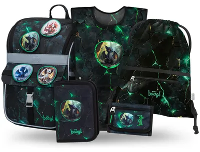 Produktbild von Baagl Schulranzen Jungen Set 5 Teilig Ergonomischer Schulrucksack - Drachen