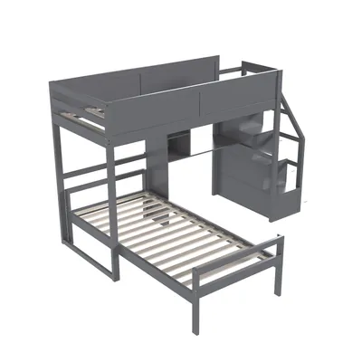 Produktbild von Etagenbett(Grau)Kiefernbett,kinderbett,Jugendbett,Sicherheitstreppe mit verstecktem Staufach, Schreibtisch-Staufach, Zwei-in-Eins-Hochzaun-Design