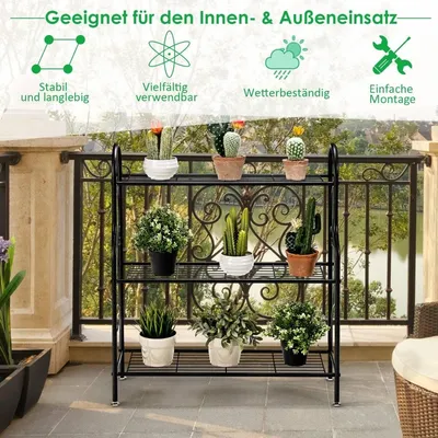 Image de Support à plantes en métal à 3 niveaux, noir, 72 x 25 x 85 cm