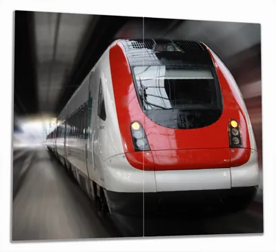 Produktbild von Wallario Herdabdeckplatte aus Glas, Größe 60 x 52 cm 2-teilig, Motiv Fahrender Zug von vorn in rot- Perspektive von vorn