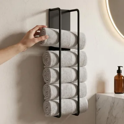 Image de doporro Porte-Serviettes Mural Autocollant, Range Serviettes Noir Mat, Support pour Serviettes Roulées, en Acier au Carbone sans Perçage, pour Salle de Bain Cuisine 40 cm, Tavrin-03