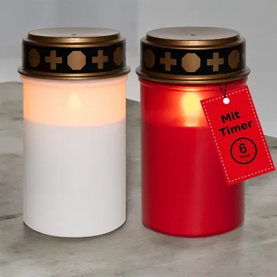 Obrázok produktu pre LED svietidlo na hrob bez batérie a časovača, biele a červené. Trvalé svietidlo bez batérie, efekt plameňa. Hrobové sviečky, sviečky na cintorín, pamätné sviečky, hrobová lampa, večný plameň, sviečka na smútok