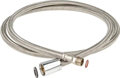 A braided stainless steel hose with connectors and seals.