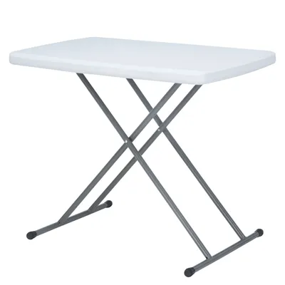A white folding table with gray metal legs on a white background.