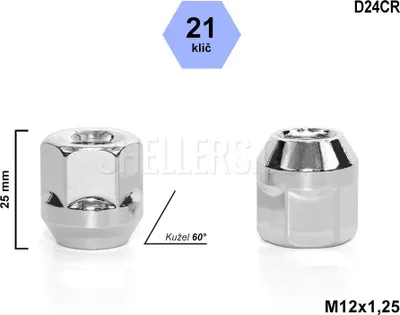 Obrázek produktu pro Kolová matice M12x1,25 kužel, otevřená, klíč 21, D24CR, chrom, výška 25 mm
