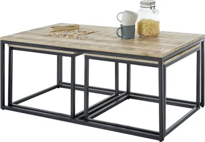 Produktbild von Couchtische 3er-Set HARRY aus massivem Mango und Metall, naturbraun/mattschwarz, 110x60x45 cm
