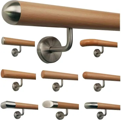 Produktbild von TIBU Buche Holz Handlauf Geländer 0,3m - 5m, Länge 300 cm, Ende Halbrunde Edelstahlkappe und 4 gewinkelte Halter