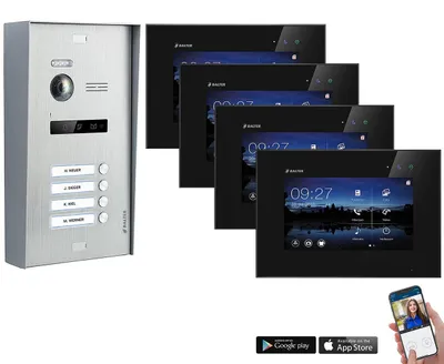 Produktbild von BALTER EVO 2-Draht BUS WIFI Komplettsystem, Aufputz Türstation für ein Vierfamilienhaus mit 4 Monitoren Schwarz Silber