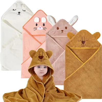 Produktbild von 4er Set Babybadetuch, Weiche Kapuzenhandtücher aus Korallenfleece für Neugeborene - 80 x 80 cm
