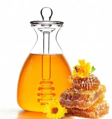 Produktbild von Handgefertigtes Honigglas mit Schöpflöffel, Honiglöffel und Honigtopf aus Glas